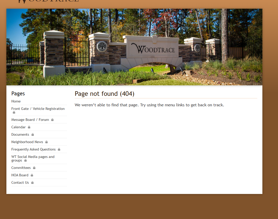 Woodtrace HOA page showing ‘Page not found (404)’ for the Residents URL, with the Pages navigation on the left that does not include a Residents entry.