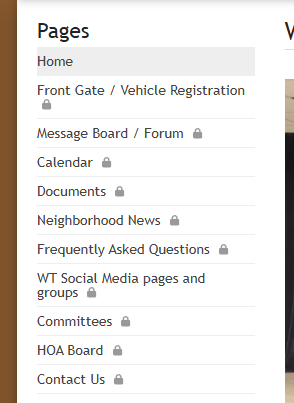 Current Pages navigation list: Home, Front Gate / Vehicle Registration, Message Board / Forum, Calendar, Documents, Neighborhood News, Frequently Asked Questions, WT Social Media pages and groups, Committees, HOA Board, Contact Us. No Residents or Directory entry.