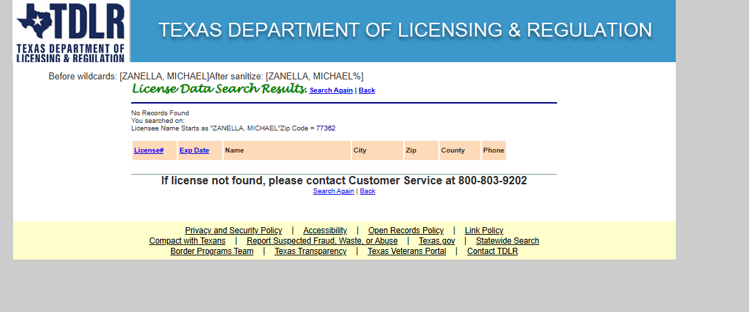 TDLR License Data Search — “▒▒▒▒▒▒” (ZIP 77362): No Records Found