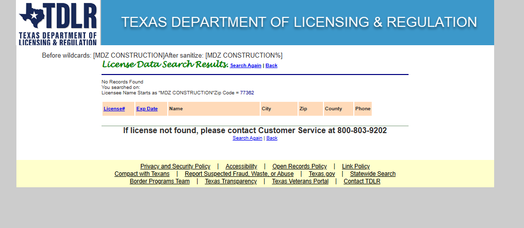 TDLR License Data Search — “MDZ CONSTRUCTION” (ZIP 77362): No Records Found